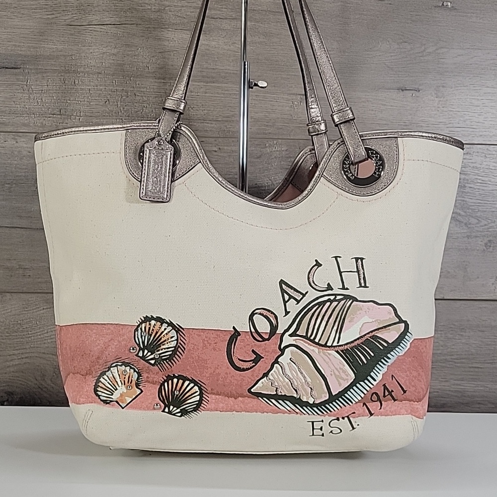 Coach Canvas Tote with Pink Stripe and Seashell Motif Tote Shoulder Bag F19273 - Picture 2 of 16